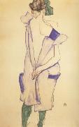 Egon Schiele Standing Girl in Blue Dress and Green Stockings.Back Viwe (mk12) oil painting on canvas
